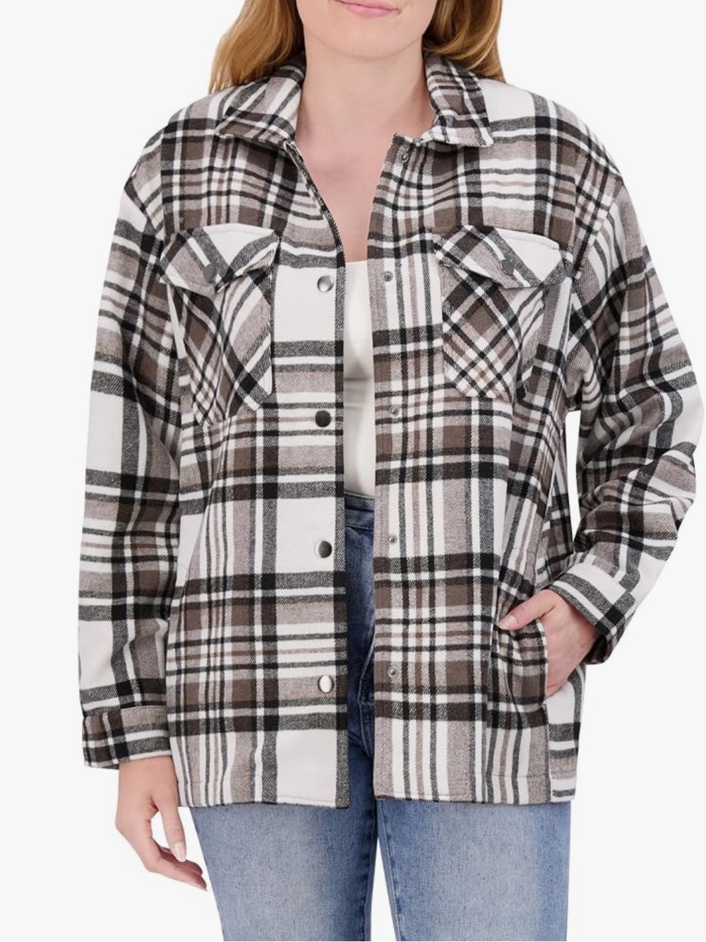 Plaid Snap-Front Utility Shacket in Brown and White